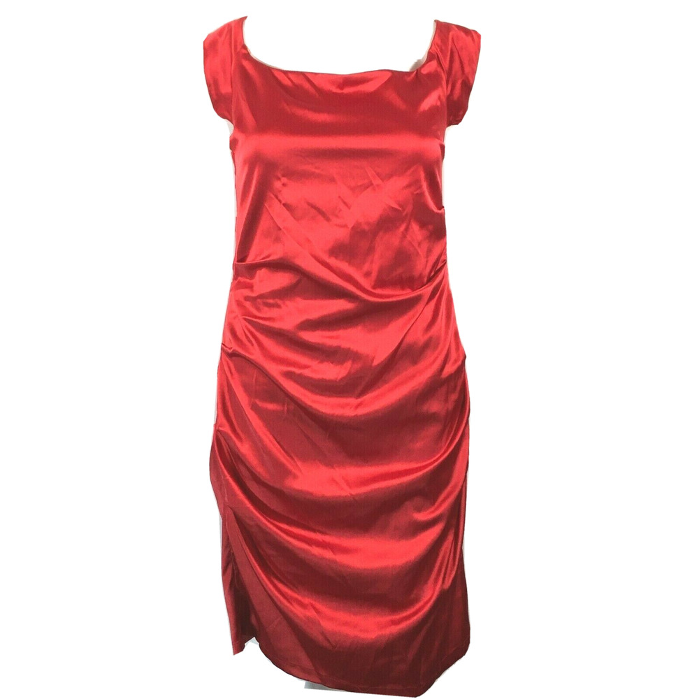 Rubber Ducky‎ Dress Womens Sz M Red Satin Ruched Cap Sleeve Bodycon Cocktail